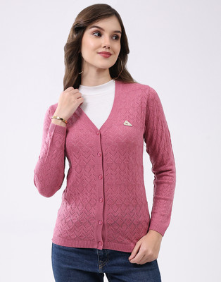 MONTE CARLO Self Design V Neck Casual Women Pink Sweater