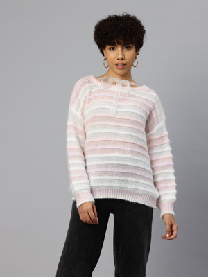 PIERRE CARLO Striped Round Neck Casual Women Pink Sweater