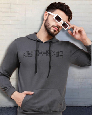RIGO Printed Hooded Neck Casual Men Grey Sweater