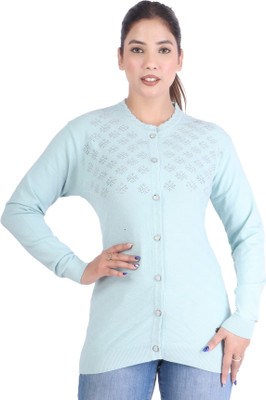 Frankfurt Self Design Round Neck Casual Women Blue Sweater