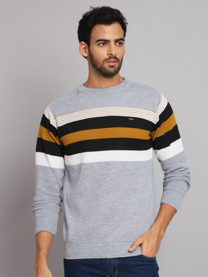eWools Striped Round Neck Casual Men Grey Sweater