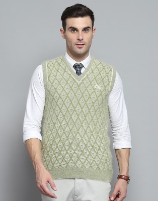 MONTE CARLO Self Design V Neck Casual Men Green Sweater