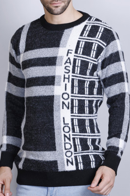 eWools Checkered Round Neck Casual Men Black Sweater