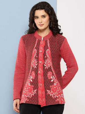 Roadster Printed Mandarin Neck Casual Women Red Sweater