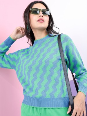 Tokyo Talkies Striped Round Neck Casual Women Green, Blue Sweater