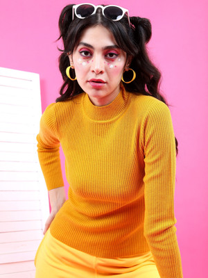 Pachirisu Solid High Neck Casual Women Yellow Sweater