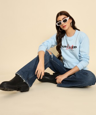 SEASER Printed Round Neck Casual Women Blue Sweater