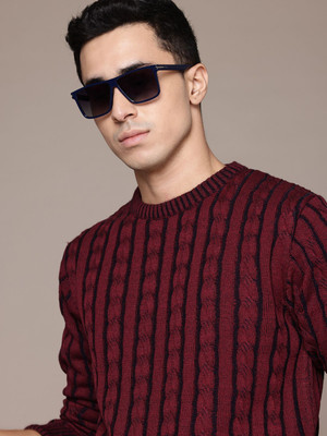 Roadster Self Design Round Neck Casual Men Red Sweater