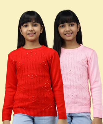 Fame Hype Printed Round Neck Casual Girls Multicolor Sweater