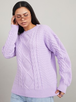 Styli Self Design Round Neck Casual Women Purple Sweater