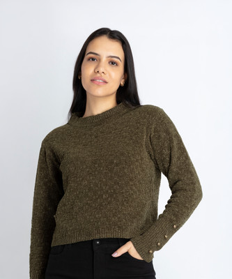 Status Quo Solid Round Neck Casual Women Green Sweater