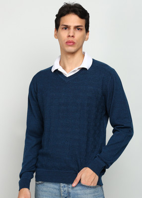 Raymond Self Design V Neck Casual Men Dark Blue Sweater