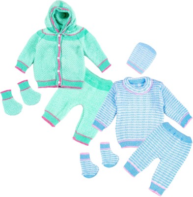 Toyific Self Design Hooded Neck Casual Baby Boys & Baby Girls Green, Light Blue Sweater