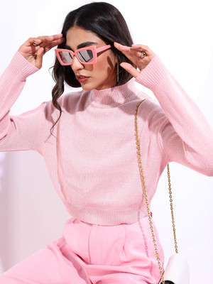 Tokyo Talkies Solid High Neck Casual Women Pink Sweater