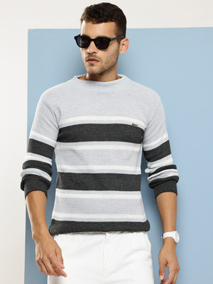 Roadster Striped Round Neck Casual Men Grey Sweater
