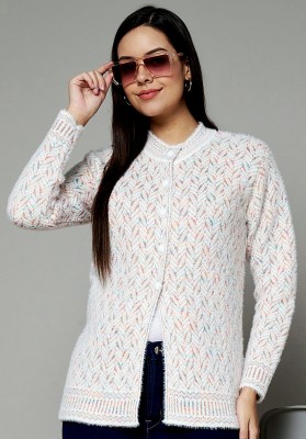 eWools Chevron/Zig Zag Round Neck Casual Women White Sweater