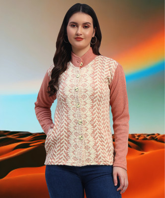 Christy World Printed High Neck Casual Women Pink Sweater
