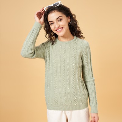 Honey By Pantaloons Self Design Round Neck Casual Women Light Green Sweater