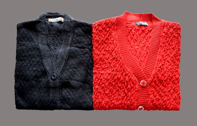 Shunit creation Self Design V Neck Lounge Wear Women Black, Red Sweater