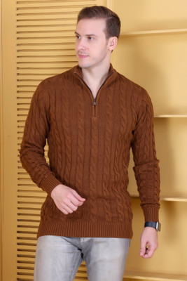 DZANT Self Design Turtle Neck Casual Men Brown Sweater