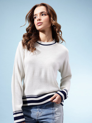 kasam Striped Round Neck Casual Women Dark Blue Sweater