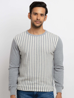 Status Quo Striped Round Neck Casual Men Grey Sweater