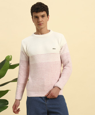 CANBLAR Striped Round Neck Casual Men Pink Sweater