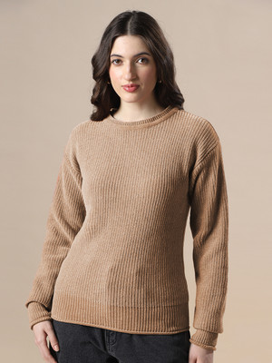 Globus Solid Round Neck Casual Women Maroon Sweater