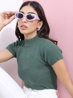 Tokyo Talkies Solid High Neck Casual Women Green Sweater