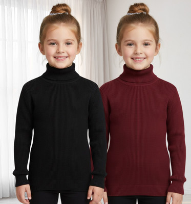 salvia Solid High Neck Casual Girls Black, Maroon Sweater