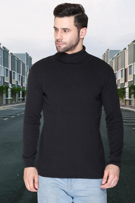 jorden4u Solid, Self Design Turtle Neck Casual Men Black Sweater