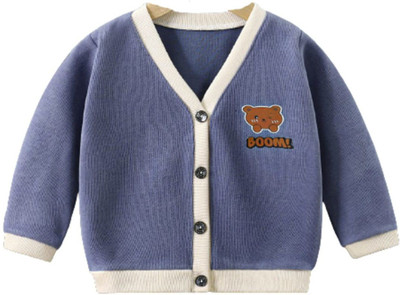 MOMISY Solid V Neck Casual Boys & Girls Blue Sweater