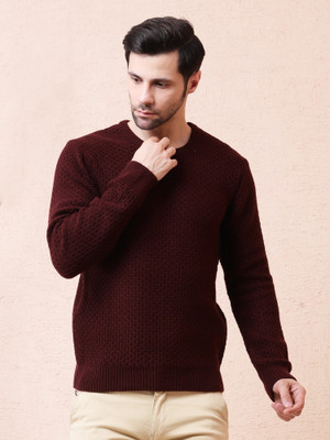 NOQUO Self Design Round Neck Casual Men Maroon Sweater