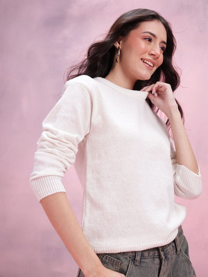Dressberry Solid Round Neck Casual Women White Sweater