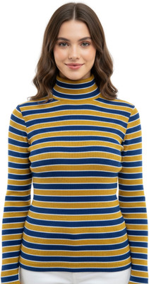 Looks United Striped High Neck Casual Women Yellow Sweater