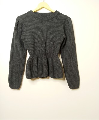 Moswa Woven Round Neck Casual Women Grey Sweater