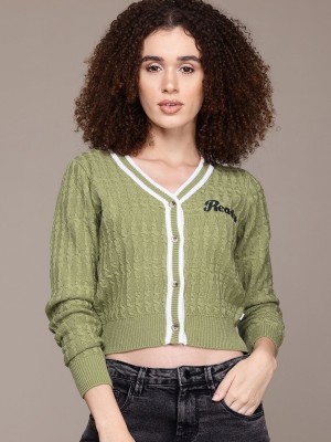 Roadster Self Design V Neck Casual Women Green Sweater