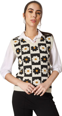 HouseOfCommon Self Design V Neck Lounge Wear Women Black Sweater
