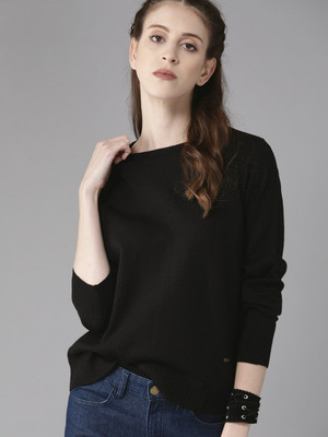 Roadster Solid Round Neck Casual Women Black Sweater