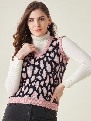 Modeve Printed V Neck Casual Women Pink Sweater