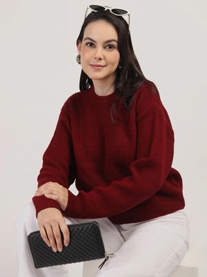 CHKOKKO Self Design Round Neck Casual Women Maroon Sweater