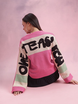 Dressberry Colorblock Round Neck Casual Women Pink Sweater