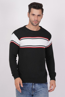 AXOLOTL Striped Round Neck Casual Men Black Sweater