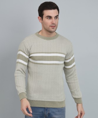 Krew Striped Round Neck Casual Men Light Green Sweater