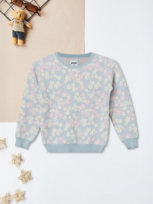 MAX Printed Round Neck Casual Girls Blue Sweater