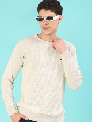 V-MART Self Design Round Neck Casual Men Beige Sweater
