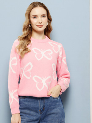 Roadster Solid Round Neck Casual Women Pink Sweater