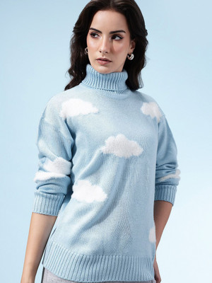 Glitchez Self Design Turtle Neck Casual Women Blue Sweater