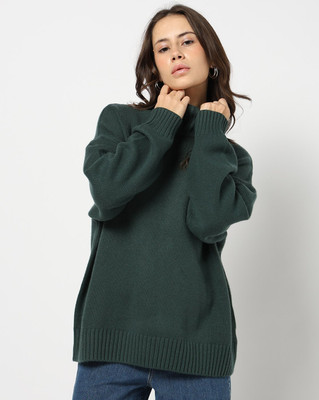 GAP Self Design High Neck Casual Women Dark Green Sweater