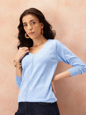all about you Woven V Neck Casual Women Blue Sweater